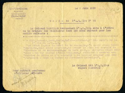 Citation à l'ordre de la brigade de Germain-Léon Cohu, maître-pointeur au 44e R.A 124e D.I. Artillerie, en date du 5 juin 1918. Arch. Dép. d'Eure-et-Loir, 5 Num 36 - 29, Fonds Cohu.
