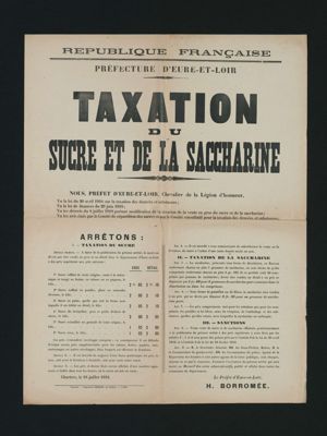 « Taxation du sucre et de la saccharine », arrêté préfectoral en date du 18 juillet 1918. Arch. Dép. d'Eure-et-Loir, 6 M 125.