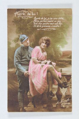 "Auprès de toi !", correspondance de guerre en date du 8 juillet 1918. - Carte postale illustrée couleur. Arch. Dép. d'Eure-et-Loir, 53 Fi 269, Fonds Legrand.