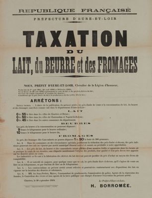 « Taxation du lait, du beurre et des fromages », arrêté préfectoral en date du 30 septembre 1918. Arch. Dép. d'Eure-et-Loir, 6 M 120.