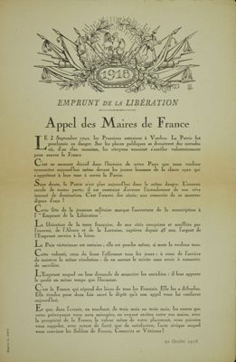 « Appel des maires de France », emprunt de la libération, en date du 20 octobre 1918. Arch. Dép. d'Eure-et-Loir, 1 P NC.