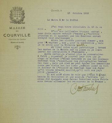 Correspondance du maire de Courville au préfet en date du 13 octobre 1918.  Arch. Dép. d'Eure-et-Loir, 1 P NC.