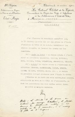 Note d'information du commandant des dépôts des régiments d'infanterie et des subdivisions d'Eure-et-Loir au préfet en date du 25 octobre 1918. Arch. Dép. d'Eure-et-Loir, 1 P NC.