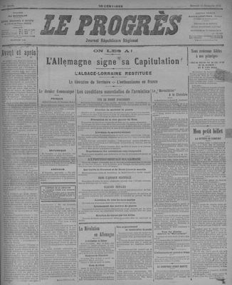 Une du Progrès, informant de l'Armistice, en date du 13 novembre 1918.