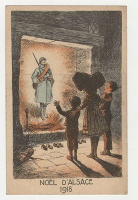 "Noël d'Alsace. 1918". Carte postale illustrée couleur. Arch. Dép. d'Eure-et-Loir, 53 Fi 50, Fonds Legrand.