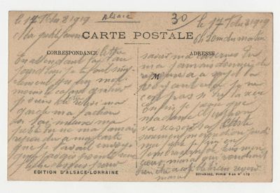 "Noël d'Alsace. 1918". Carte postale illustrée couleur. Arch. Dép. d'Eure-et-Loir, 53 Fi 50, Fonds Legrand.